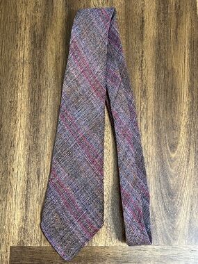 Lochcarron Men's Wool Blend Textured Tie Pink/Brown Plaid Made In Scotland